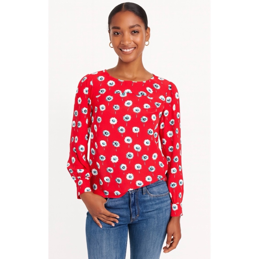 J.‎ CREW | Red Boatneck Floral Print Long Sleeve Blouse Top Sz. Medium